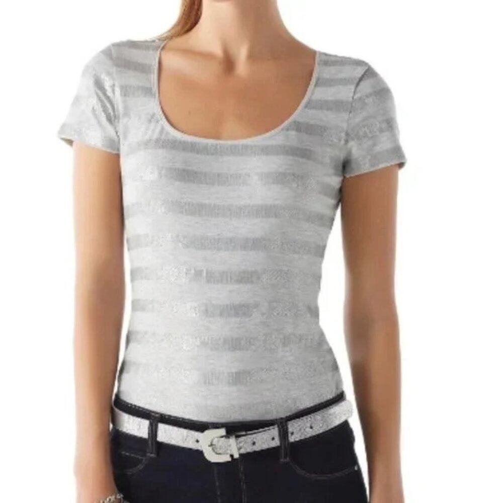 WHBM Gray/Silver Sequin Stripe Tee Size Medium
